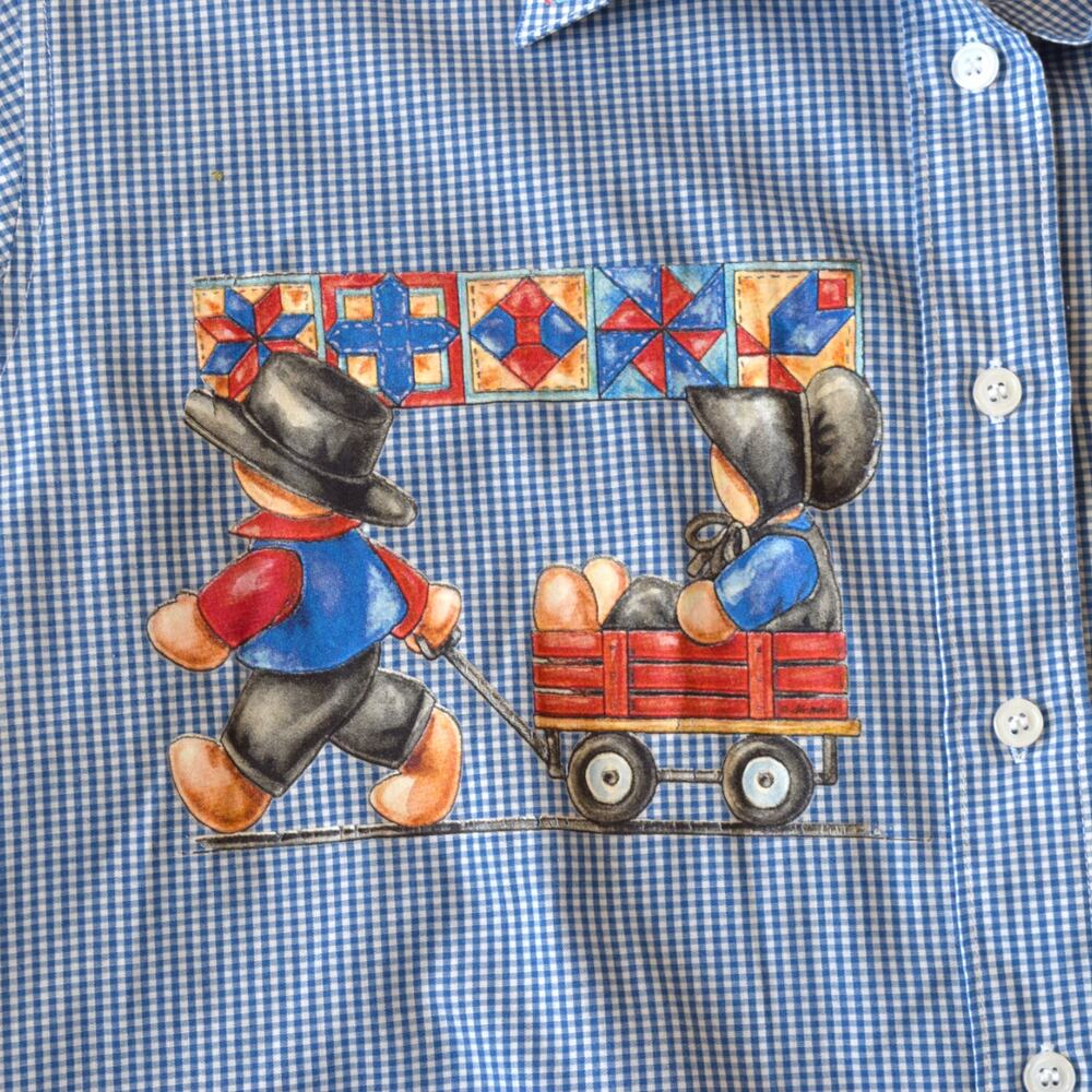 Vintage Gingham Shirt with Amish Folk Art Wagon & Quilt Block Prints - Picture 2 of 6